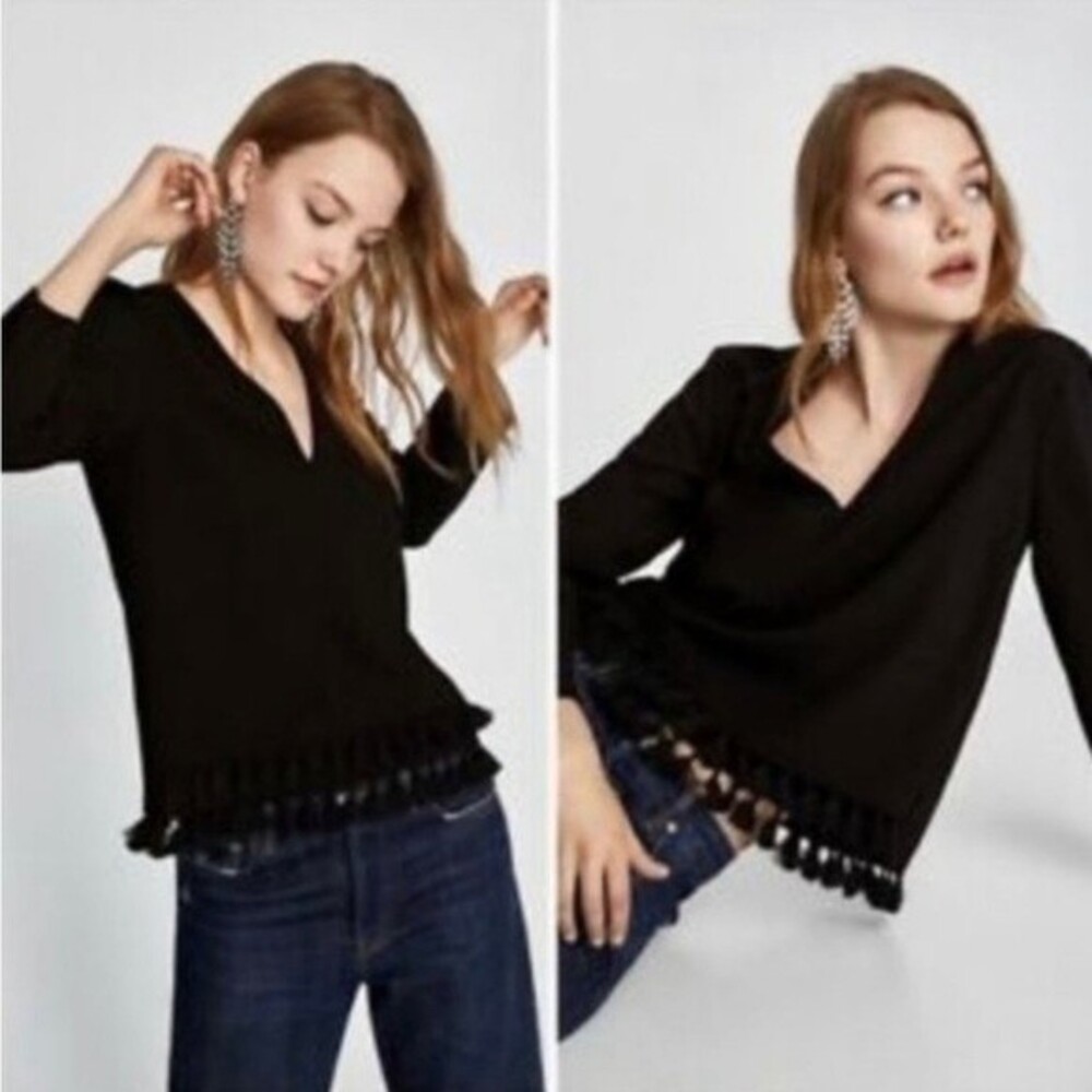 Zara Black Top V-Neck with Tassels Bottom Hem Size XS Women Blouse